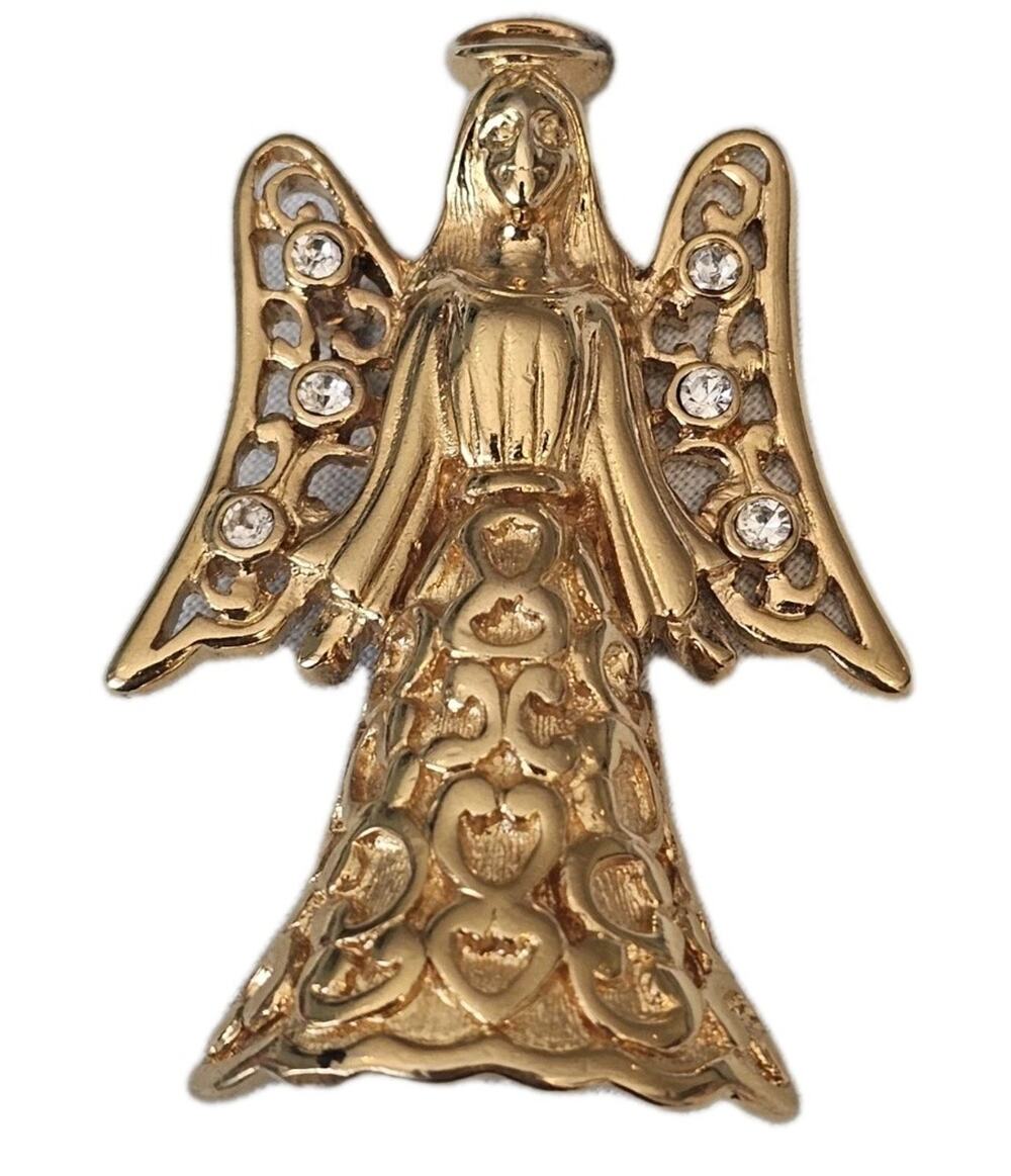 Monet Vintage 2 1/8" Angel Pin Brooch Rhinestone Crystal Brushed Gold 1990